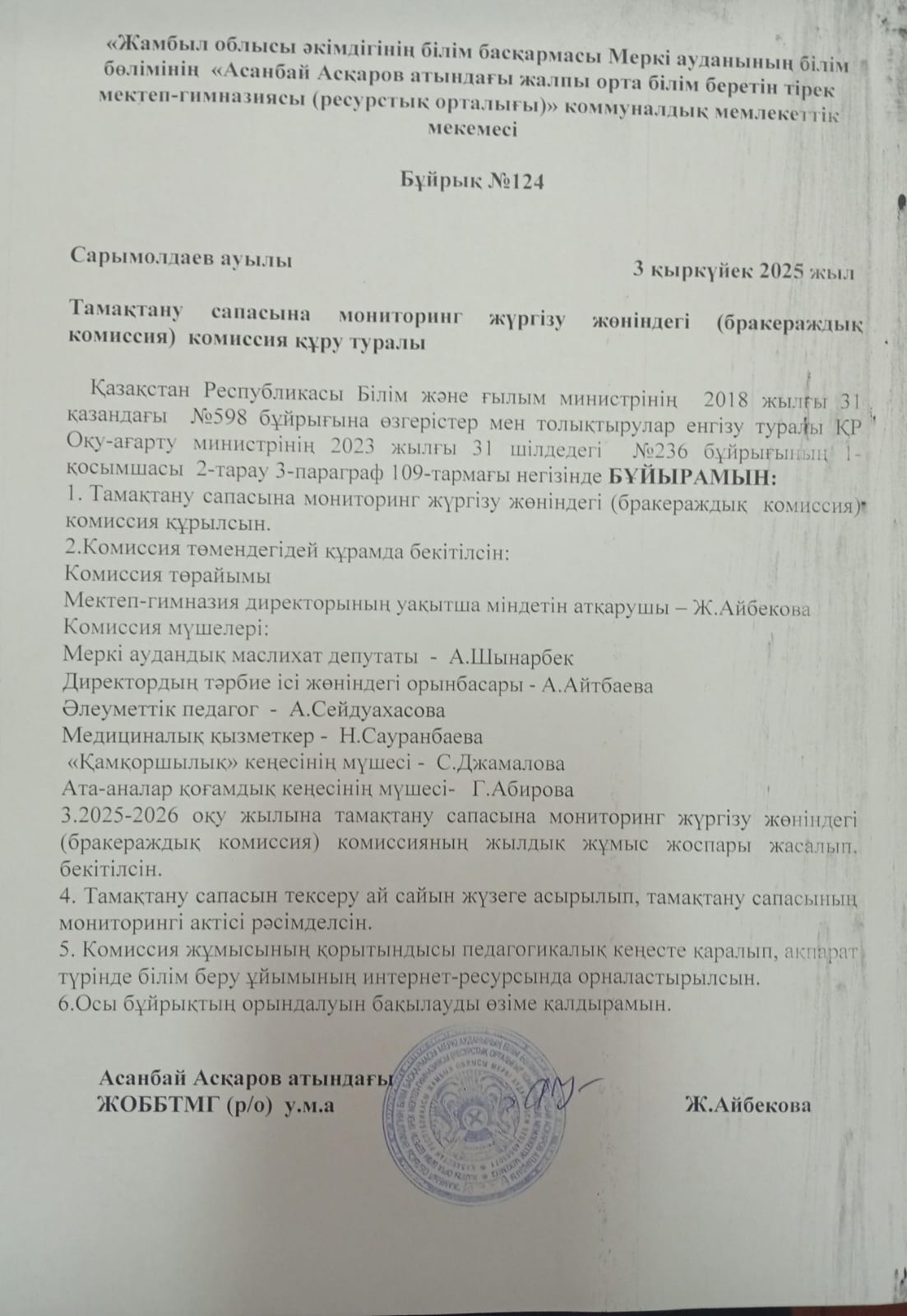 Тамақтану сапасына мониторинг жүргізу  жөніндегі  комиссия құру бұйрығы