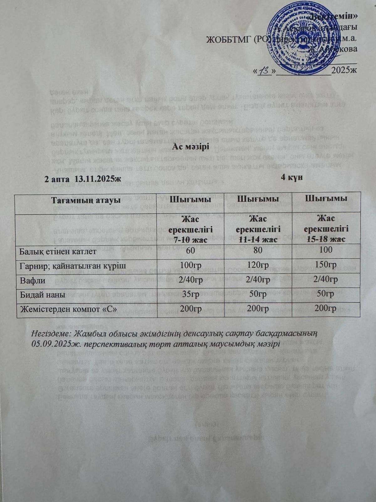 Ас мәзірі 13 қараша