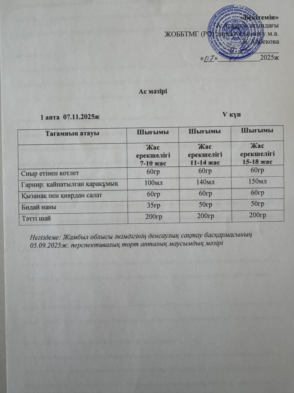 Ас мәзірі 07.11.2025 ж