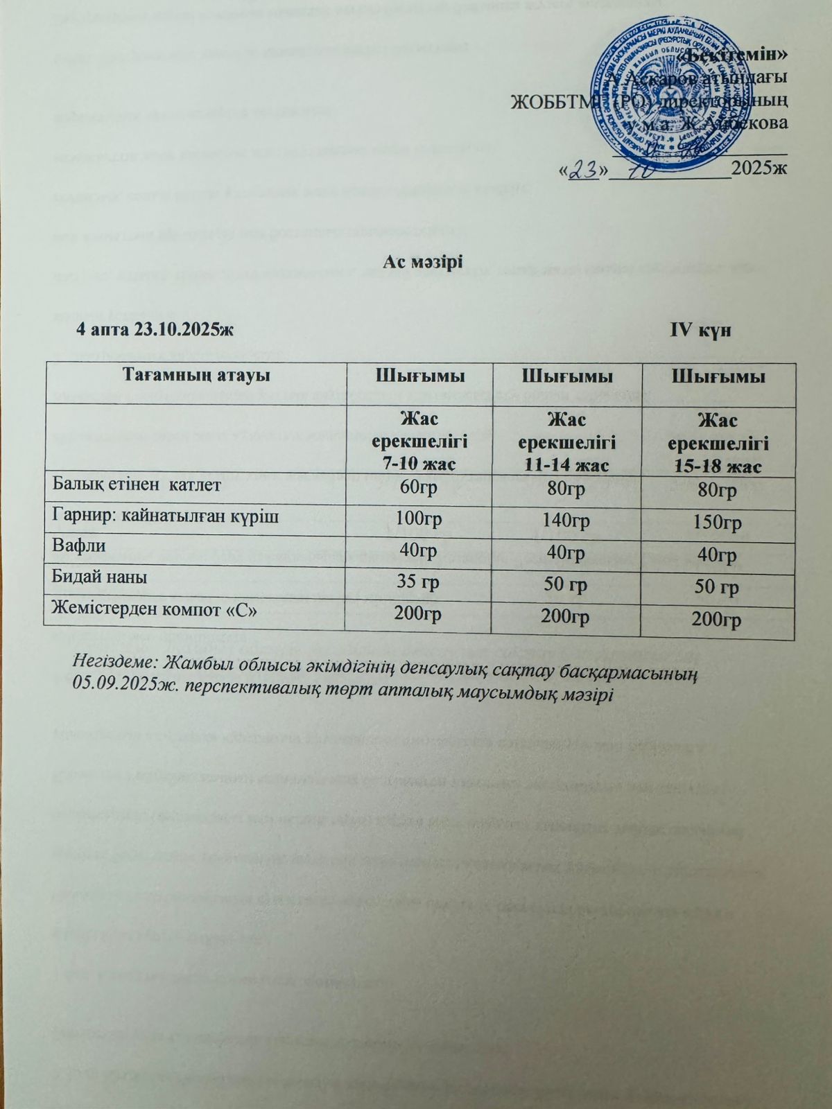 Ас мәзірі 23 .10.2025 ж